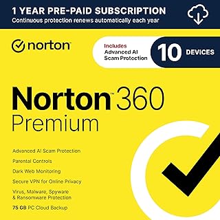 Norton 360 Premium 2026 Ready, Antivirus software for 10 Devices with Auto-Renewal – Includes Advanced AI Scam Protectio